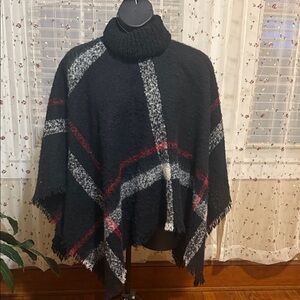 Cozy Black and Gray Turtleneck Sweater Poncho